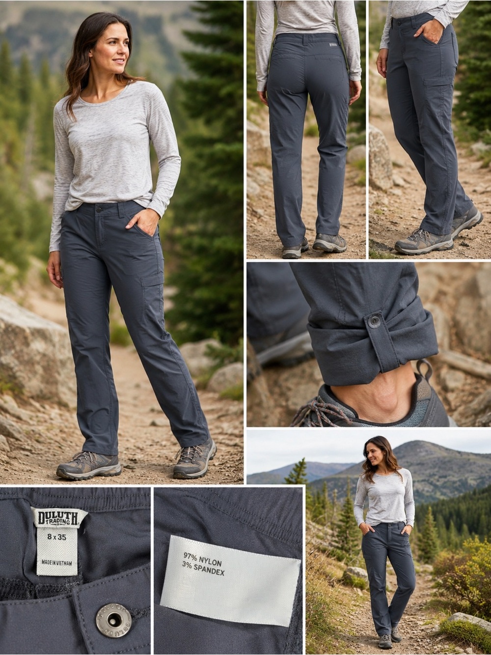 Duluth Trading Women’s 8x35 Gray Flexpedition Cargo Hiking Tech Pants Roll Tab